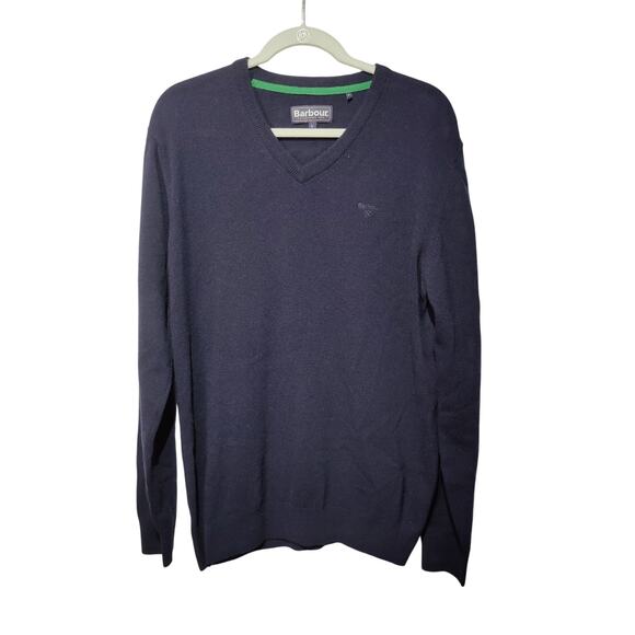 Barbour Men's Sz L Navy Blue Pullover Sweater V Neckline 100% Lambswool - Picture 1 of 8